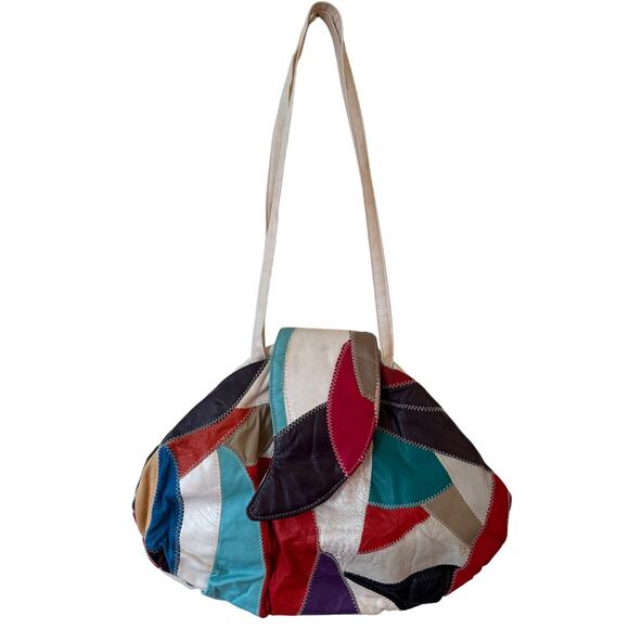 1980s Patchwork Leather Kiss Lock Shoulder Bag, ColorBlock - Picture 1 of 7